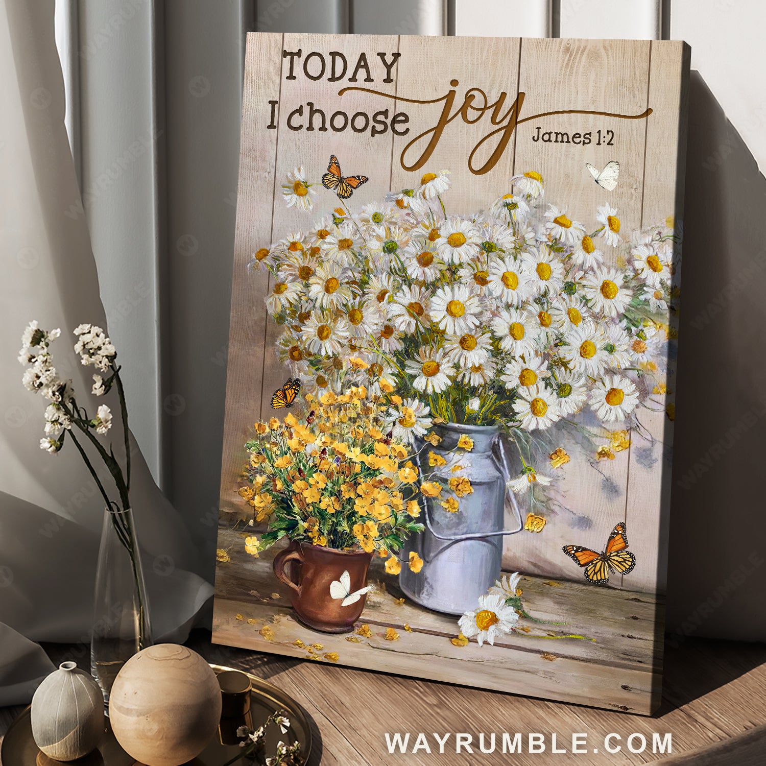 Beautiful daisy, Yellow flower vase, Monarch butterfly, Today I choose joy - Jesus Portrait Canvas Prints, Home Decor Wall Art