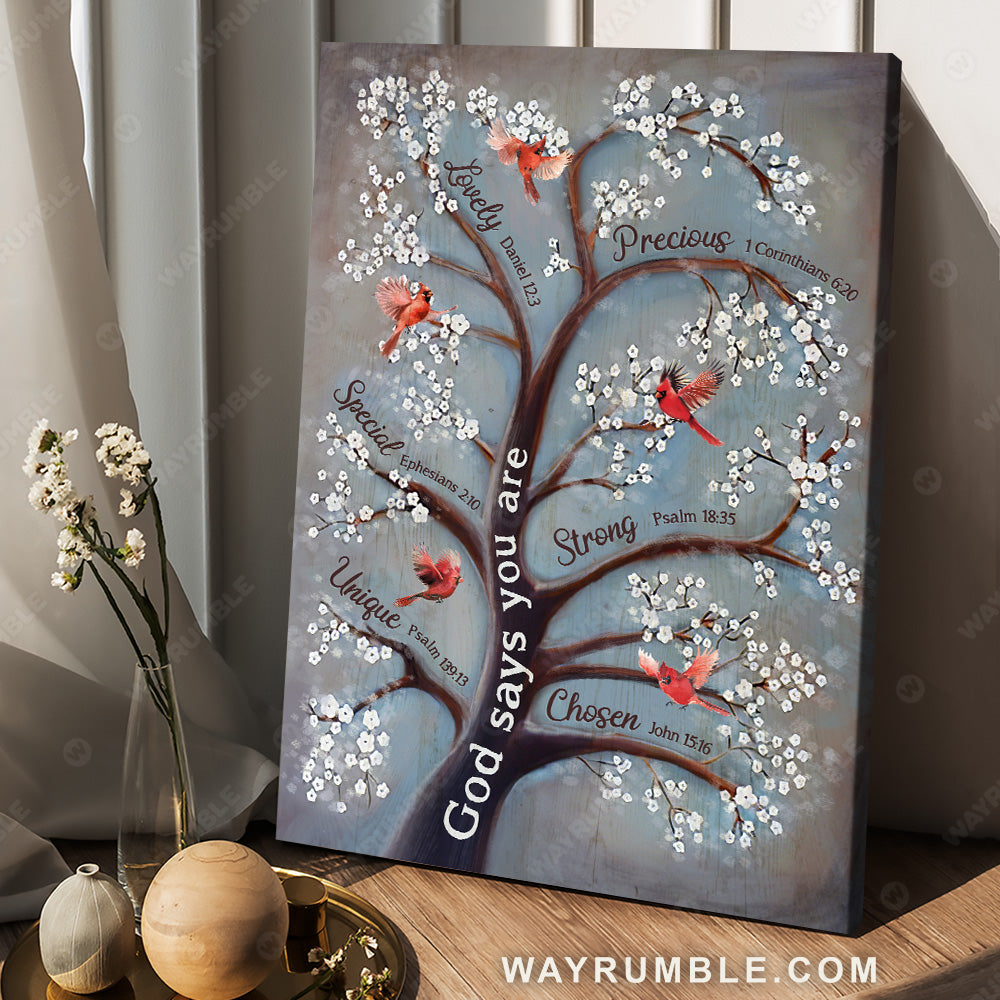 Cherry blossom flower, Cardinal drawing, Spring painting, God says you are unique - Jesus Portrait Canvas Prints, Christian Wall Art