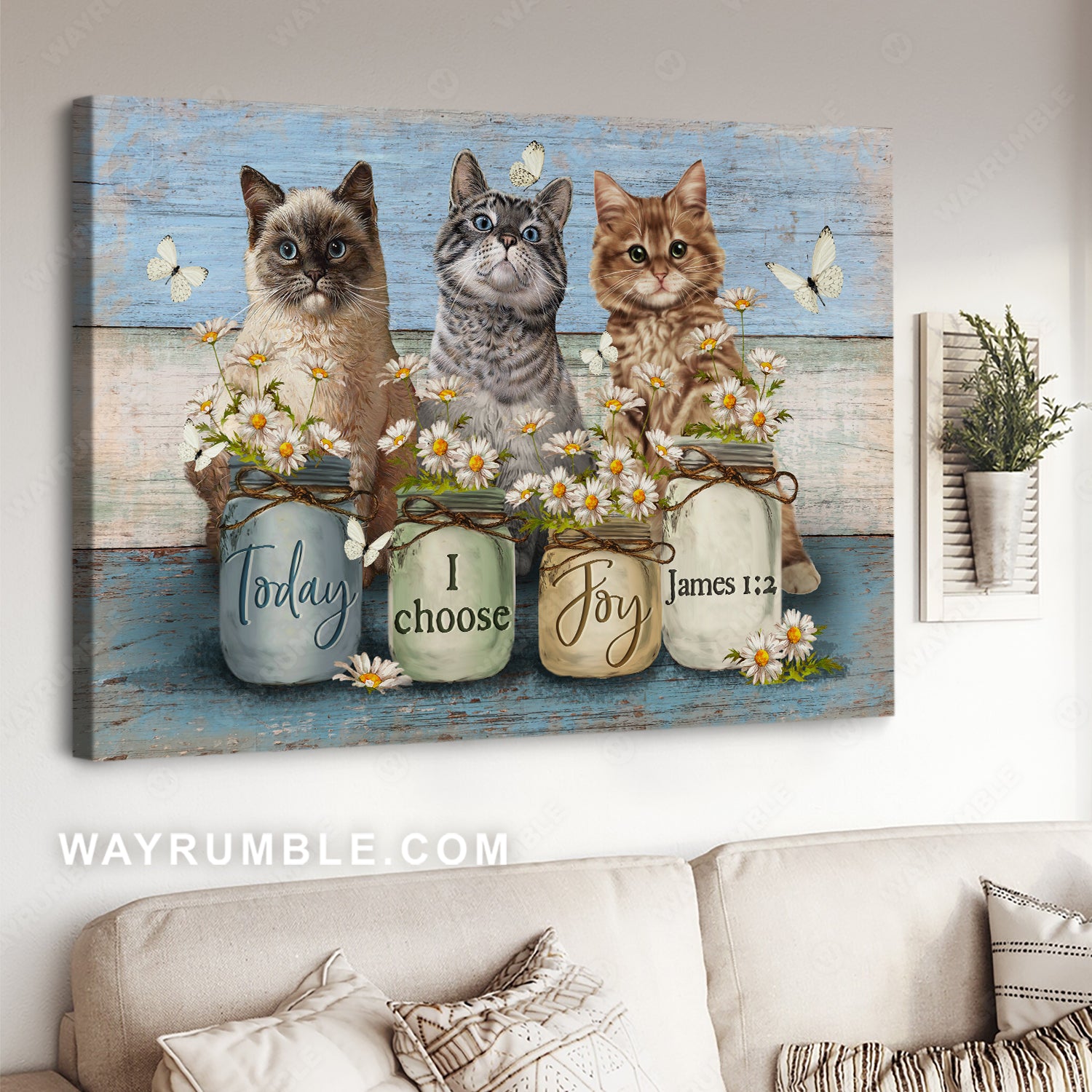 Lovely cat painting, Daisy vase, Butterfly drawing, Today I choose joy - Jesus Landscape Canvas Prints, Christian Wall Art