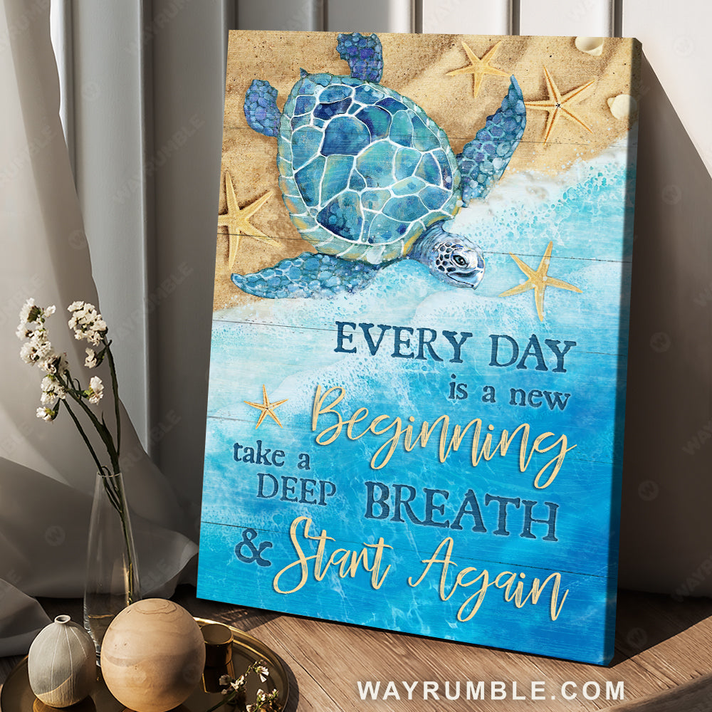 Ocean painting, Blue turtle, Yellow starfish, Every day is a new beginning - Jesus Portrait Canvas Prints, Christian Wall Art