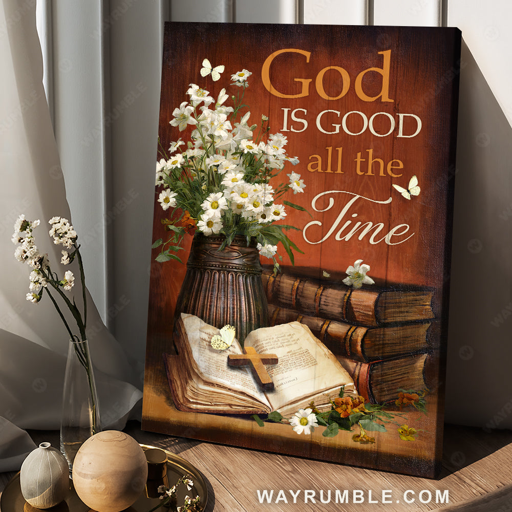 Antique bible, Daisy vase, Vintage painting, God is good all the time - Jesus Portrait Canvas Prints, Christian Wall Art