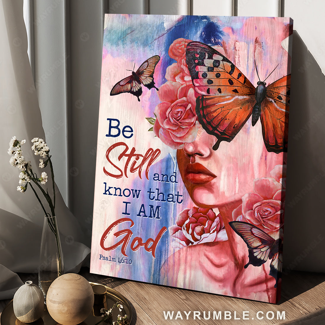 Beautiful girl, Orange butterfly, Pink background, Be still and know that I am God - Jesus Portrait Canvas Prints, Christian Wall Art