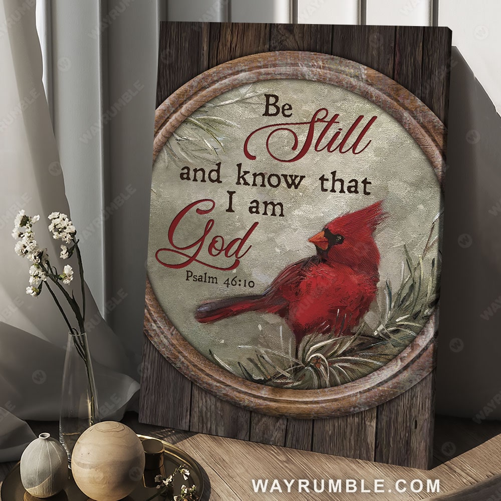 Red cardinal, Circle frame, Winter forest, Be still and know that I am God - Jesus Portrait Canvas Prints, Wall Art