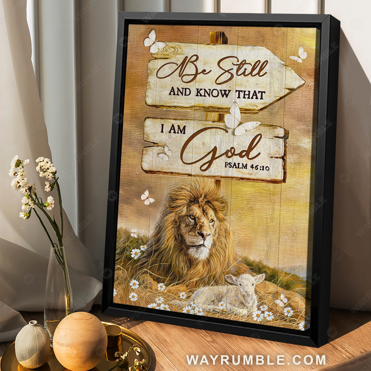 Stunning lion, Wooden sign, Sunset background, Be still and know that I am God - Jesus Portrait Canvas Prints, Christian Wall Art