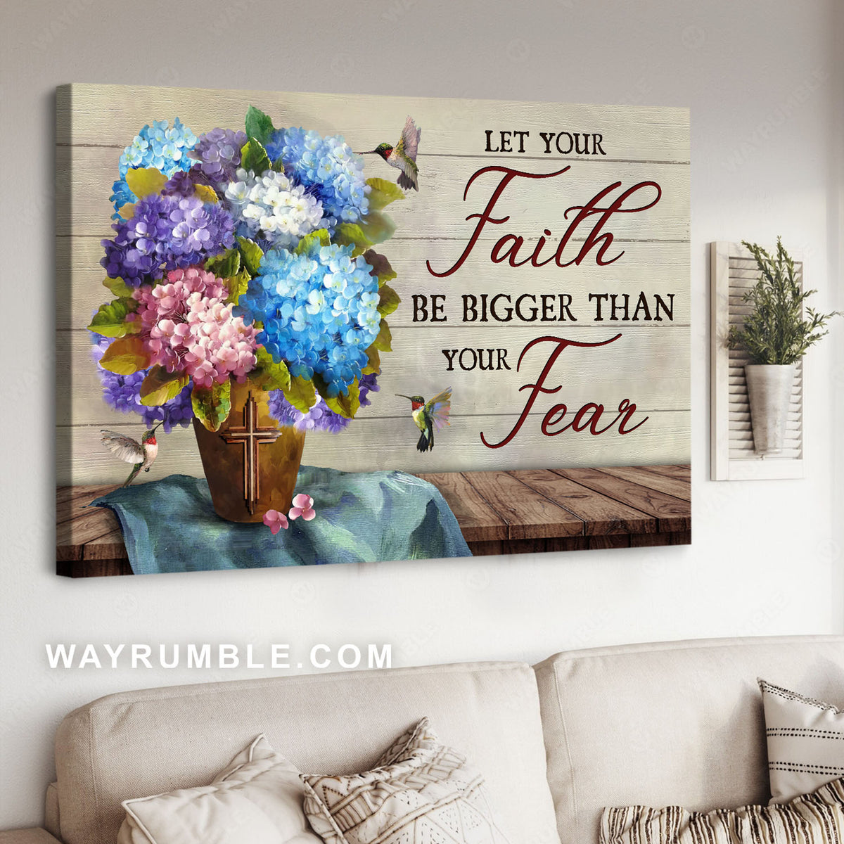 Colorful hydrangea, Green hummingbirds, Let your faith be bigger - Jesus Landscape Canvas Prints, Christian Wall Art