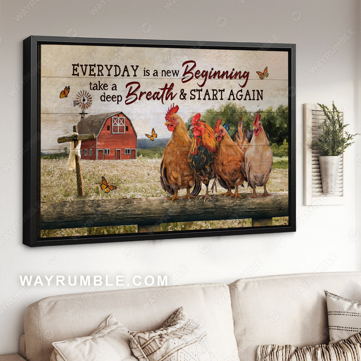 Cute rooster, Happy farm, Red house, Everyday is a new beginning - Jesus Landscape Canvas Prints, Home Decor Wall Art