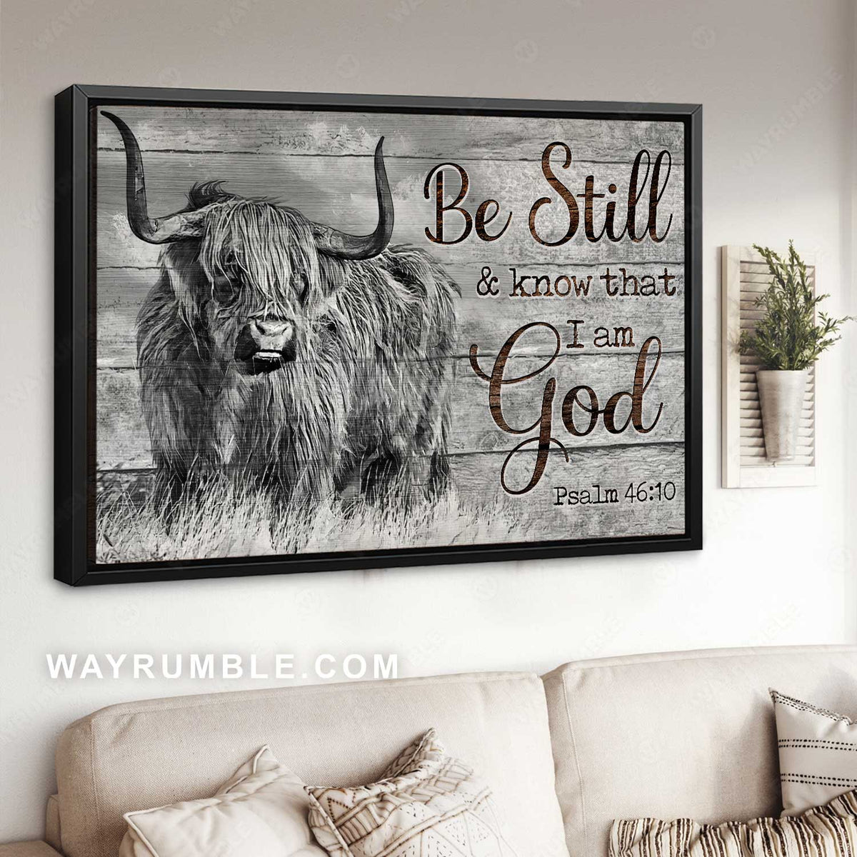 Highland cow, Farm painting, Be still and know that I am God - Jesus Landscape Canvas Prints, Home Decor Wall Art