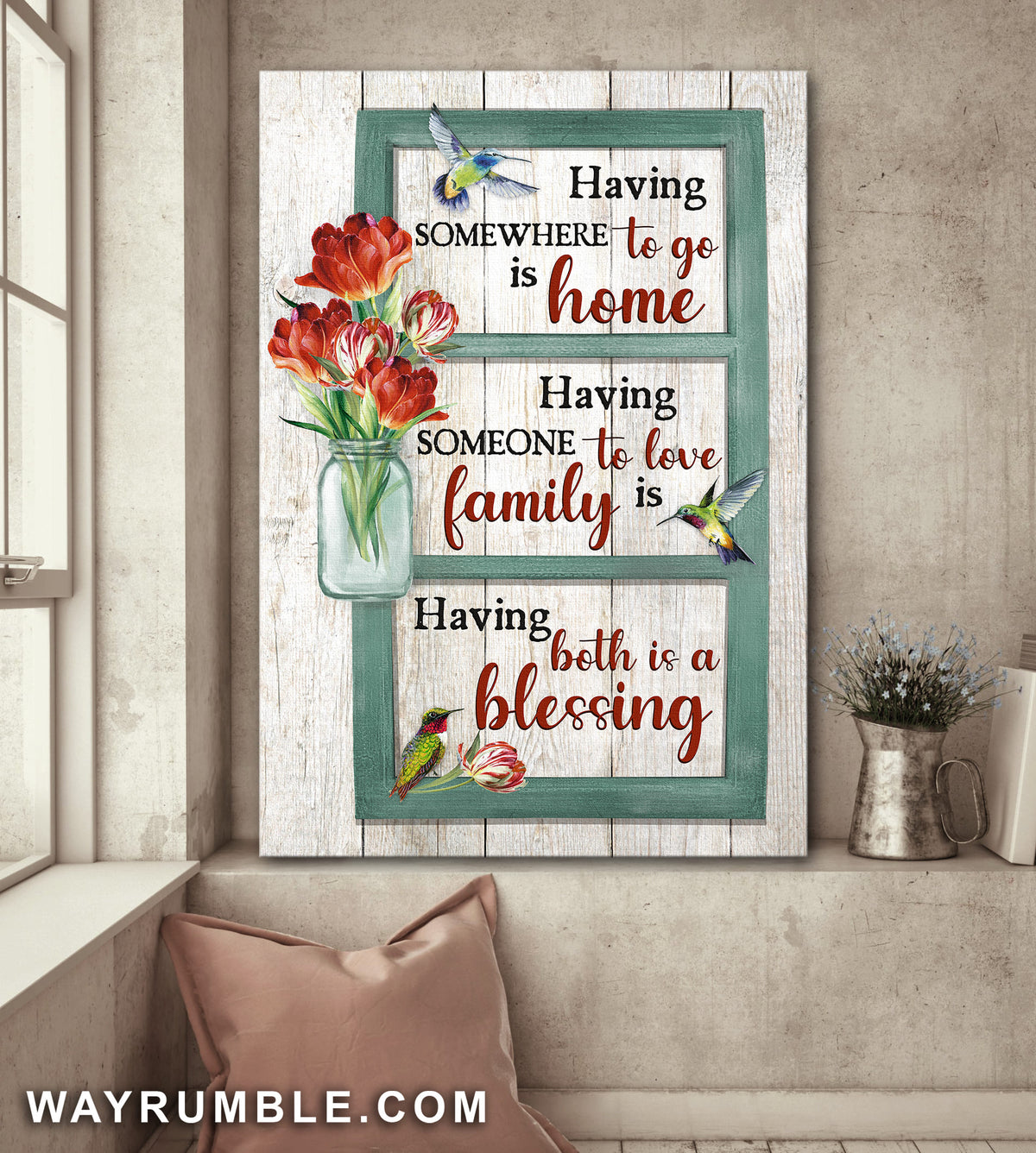 Red tulip, Hummingbird, Window, Having somewhere to go is home - Jesus Portrait Canvas Prints, Wall Art