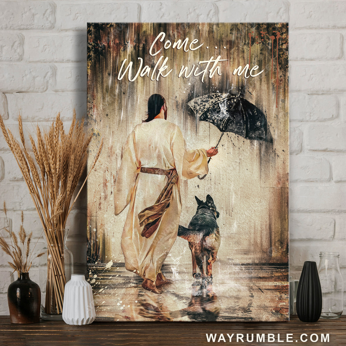 German shepherd, Walking with Jesus, Rainy night, Come walk with me - Jesus Portrait Canvas Prints, Christian Wall Art