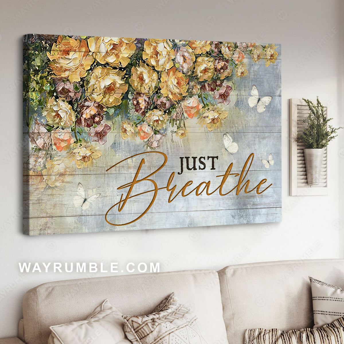 Yellow peony, Acrylic flower painting, White butterfly, Just breathe - Jesus Landscape Canvas Prints, Christian Wall Art