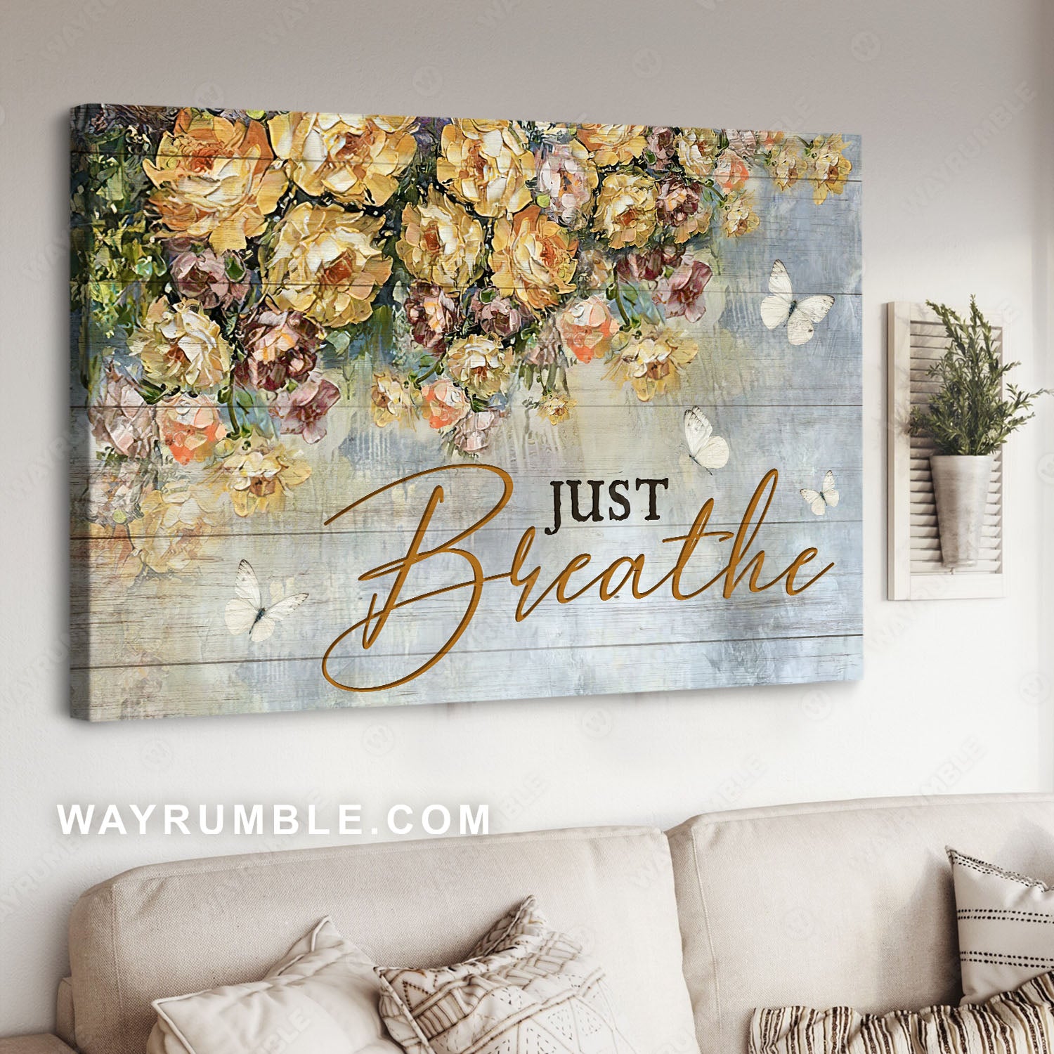 Yellow peony, Acrylic flower painting, White butterfly, Just breathe - Jesus Landscape Canvas Prints, Christian Wall Art
