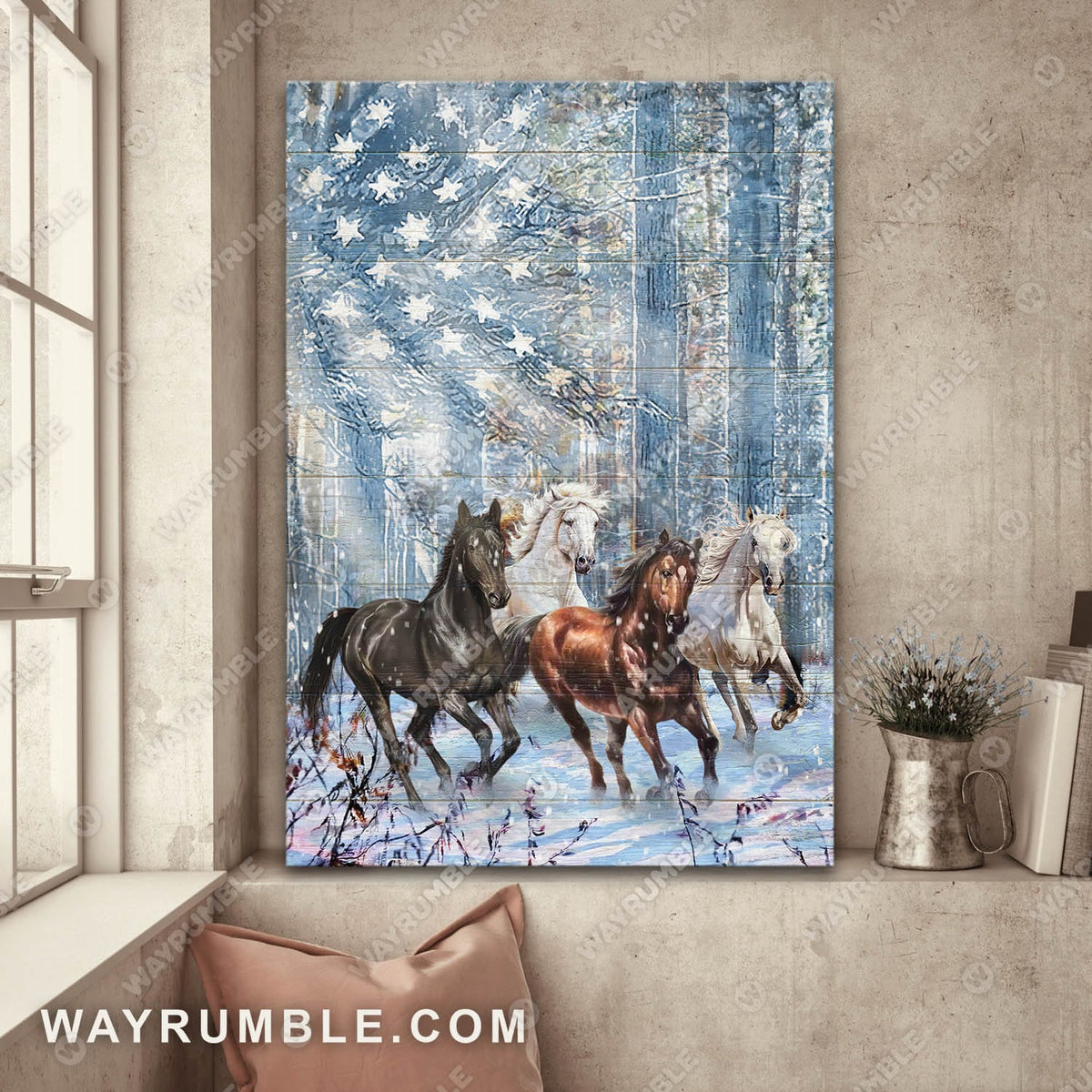 Running horse, American flag, Winter forest - Jesus Portrait Canvas Prints, Wall Art