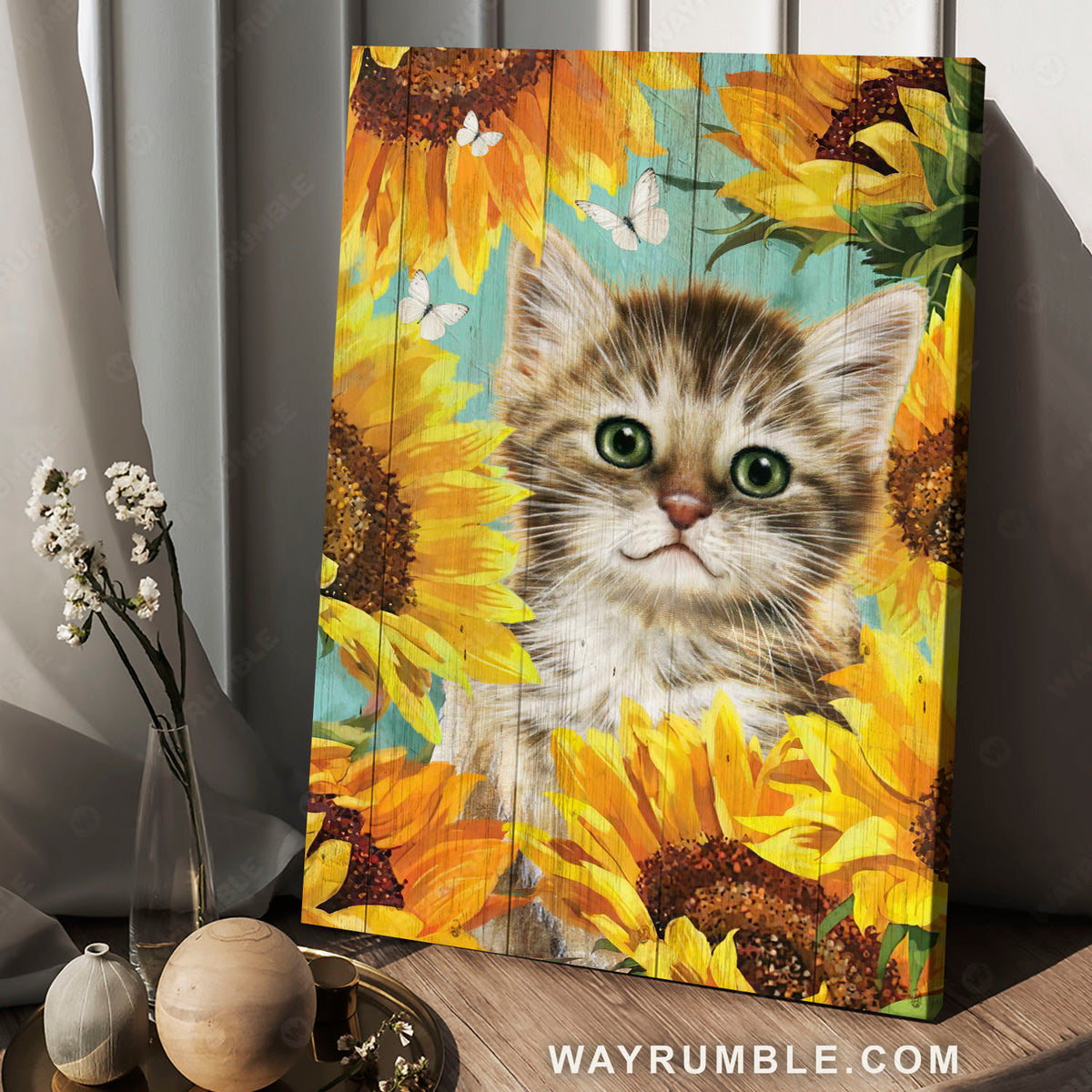 Kitty painting, Sunflower garden, White butterfly - Jesus Portrait Canvas Prints, Christian Wall Art