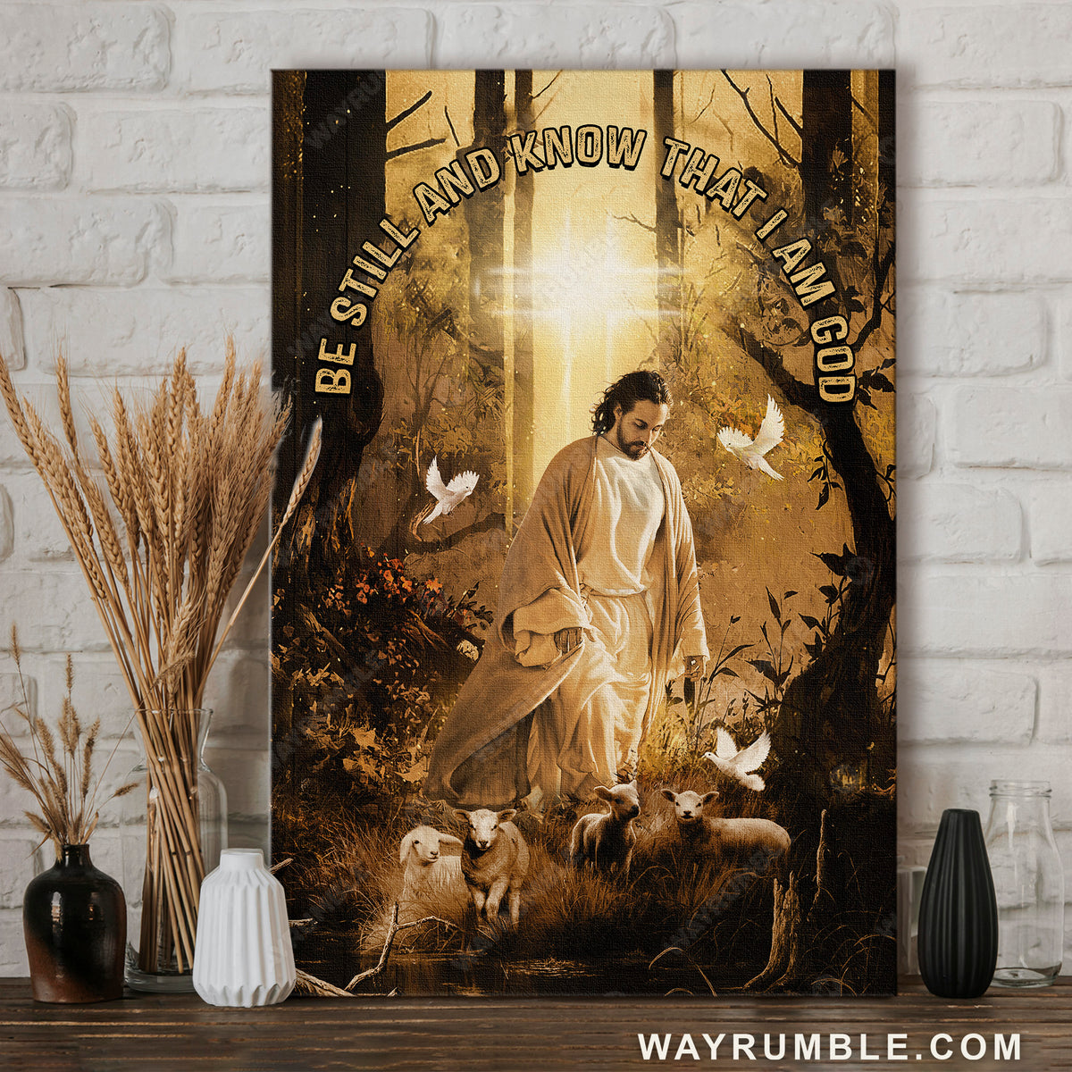 Walking with Jesus, Lovely lambs, White dove, Be still and know that I am God - Jesus Portrait Canvas Prints, Home Decor Wall Art