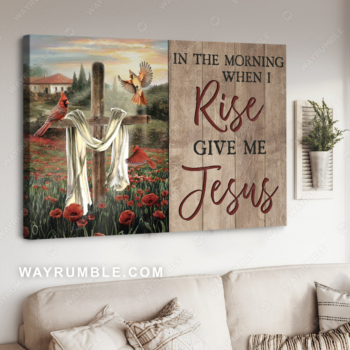 Wooden cross, Red cardinals, Red poppy, In the morning give me Jesus - Jesus Landscape Canvas Prints, Christian Wall Art