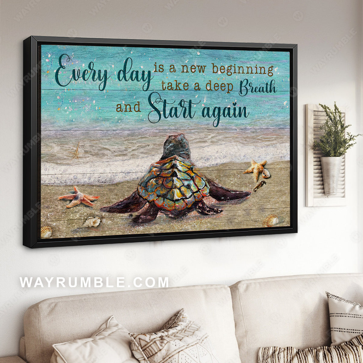 Colorful sea turtle, Orange starfish, Ocean, Every day is a new beginning - Jesus Landscape Canvas Prints, Christian Wall Art