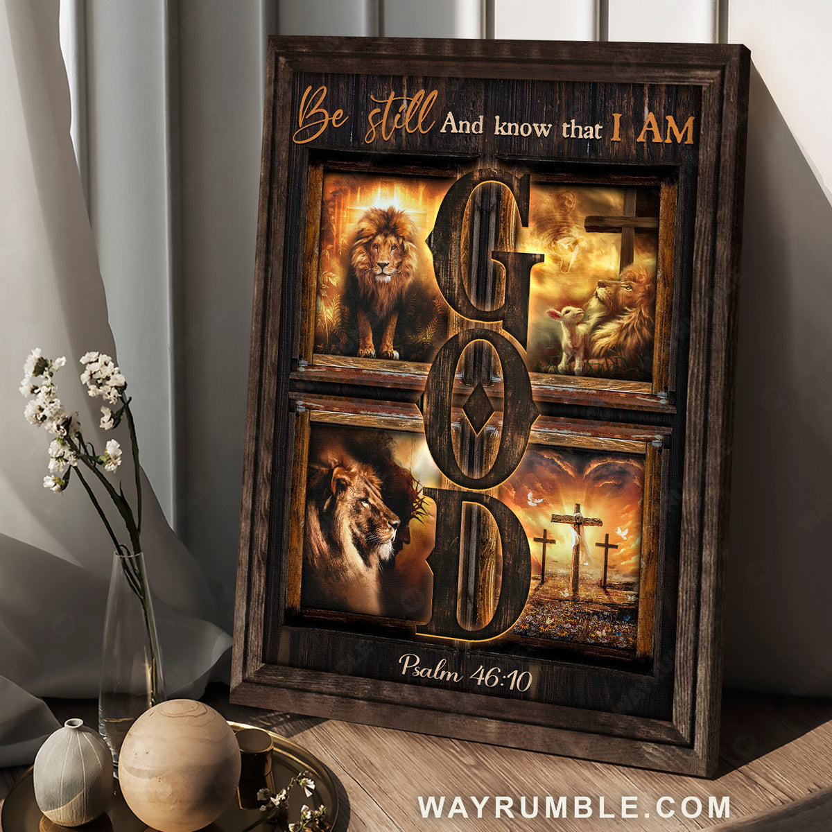 Lion of Judah, Lion and lamb, Firelight, Be still I am God- Jesus Portrait Canvas Prints, Christian Wall Art