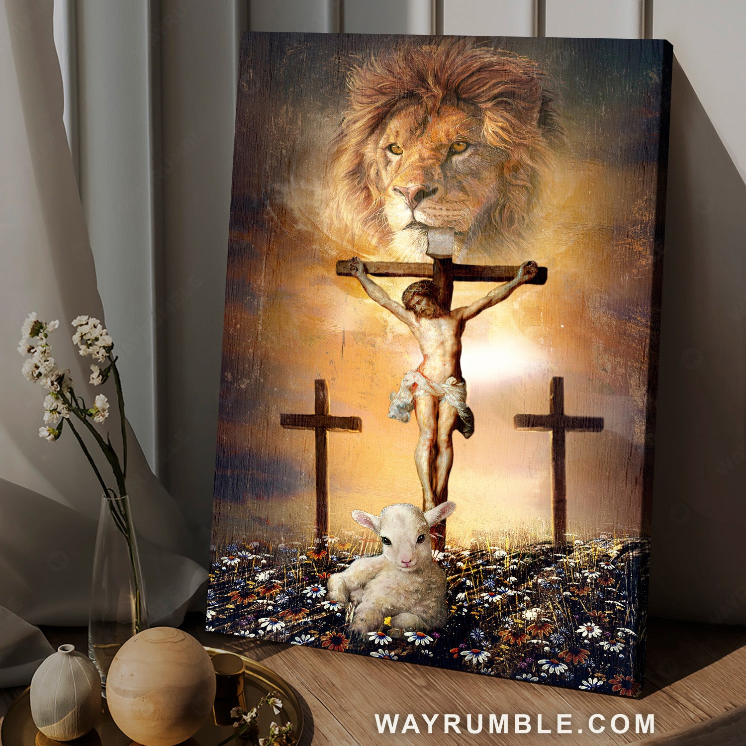Jesus on the cross, Lion of Judah, Little lamb, Rock mountain - Jesus Portrait Canvas Prints, Christian Wall Art