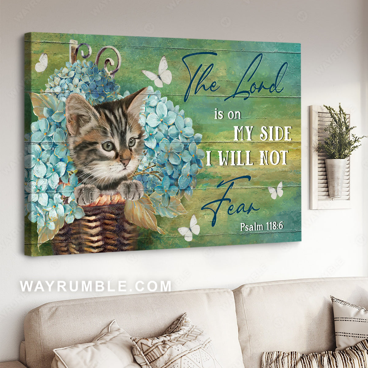 Blue hydrangea vase, Little cat, White butterfly, The Lord is on my side - Jesus Landscape Canvas Prints, Christian Wall Art