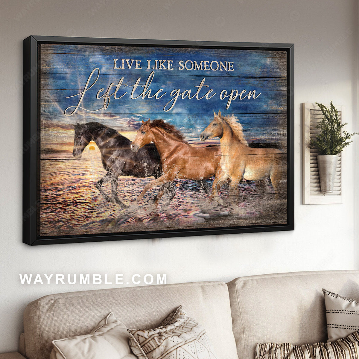 Blue sky, Running horses, Beautiful ocean, Live like someone - Jesus Landscape Canvas Prints, Home Decor Wall Art