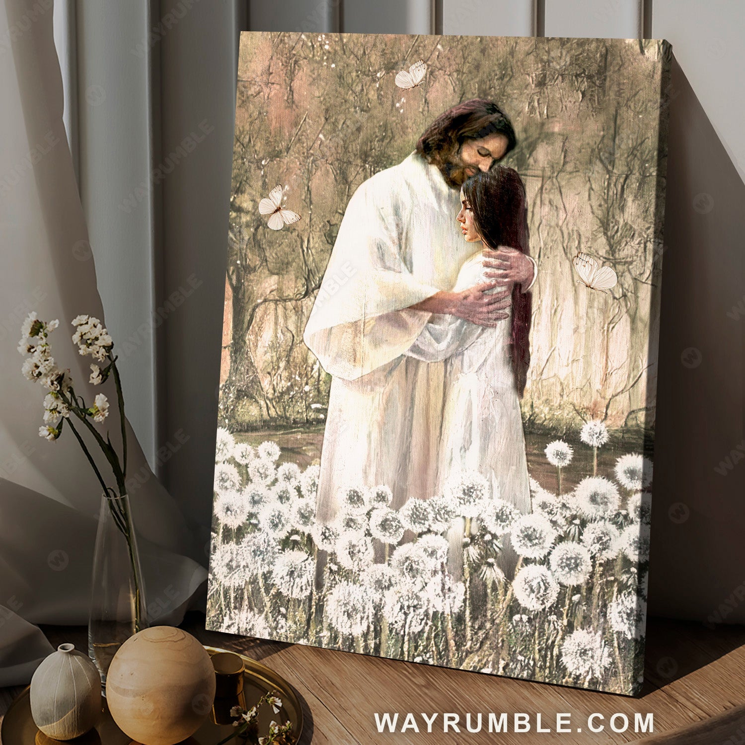 Walking with Jesus, Pretty dandelion field, The world in his arm - Jesus Portrait Canvas Prints, Christian Wall Art