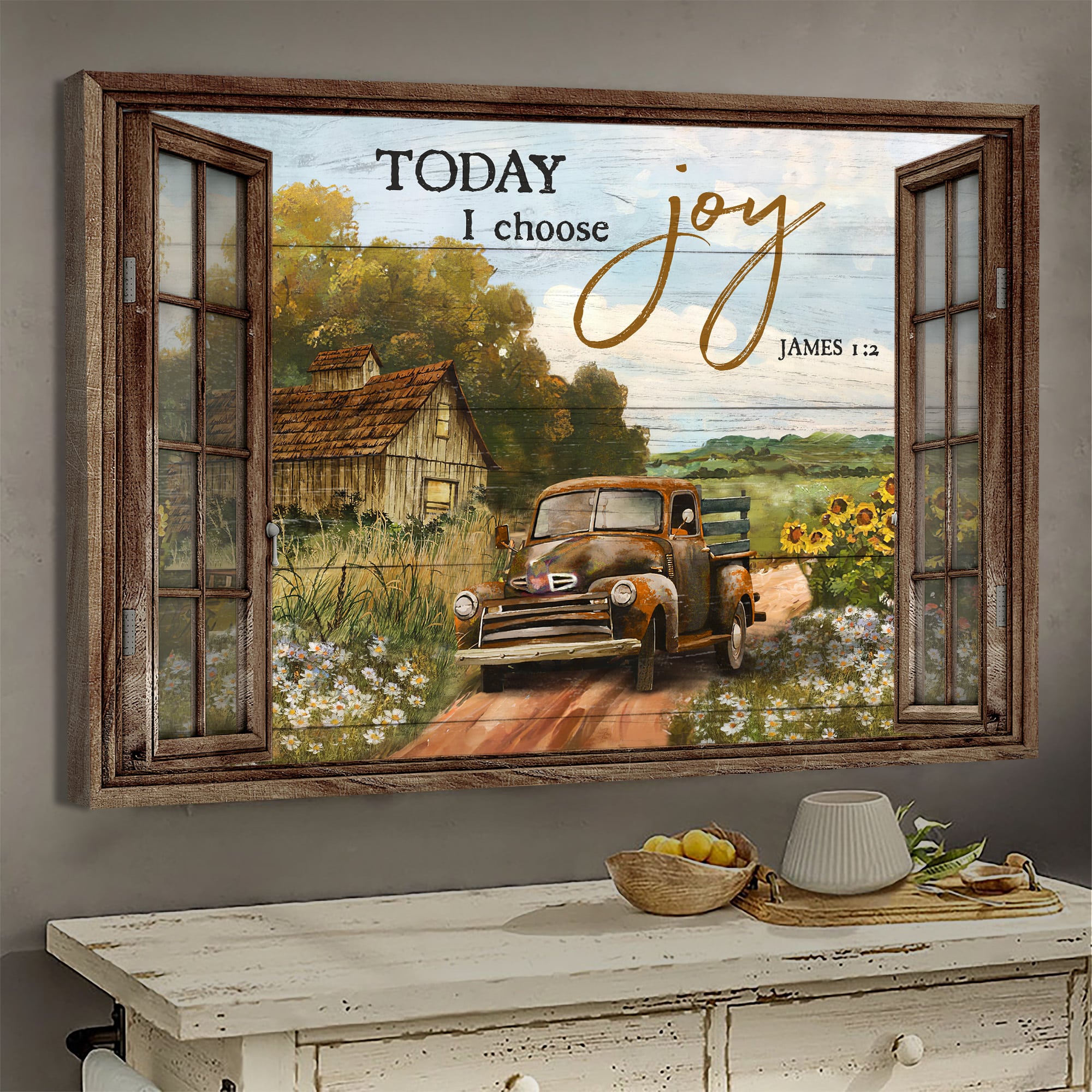 Truck, Way back home, Flower field, Today I choose Joy - Jesus, Window frame Landscape Canvas Prints, Wall Art