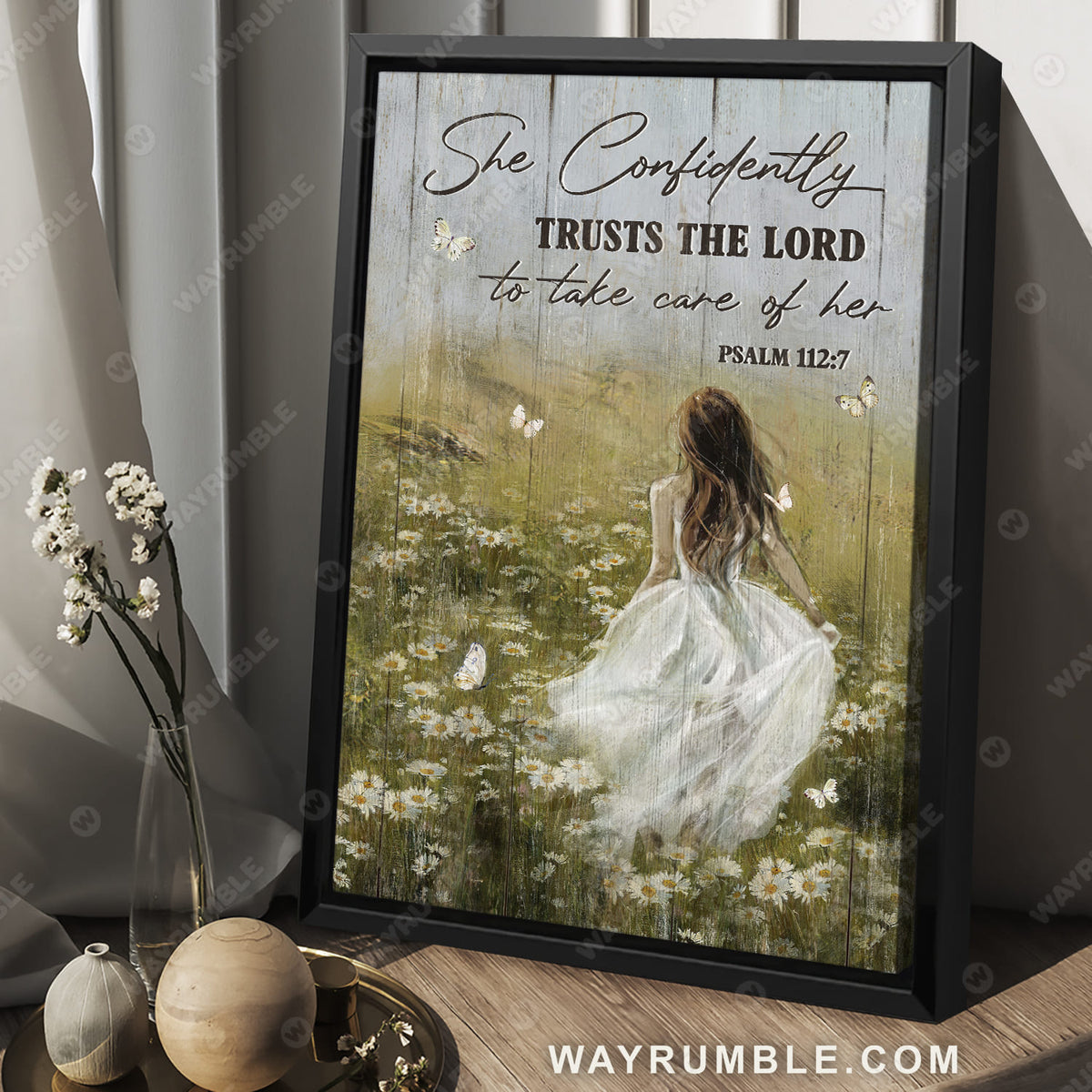 Beautiful girl, Green flower field, She confidently trusts the Lord to take care of her - Jesus Portrait Canvas Prints, Christian Wall Art