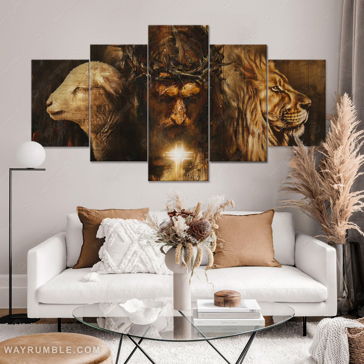 The face of Jesus, Lord of Lords, Lion king, Lamb drawing, Crown of thorn - Jesus 5 Panel Matte Canvas