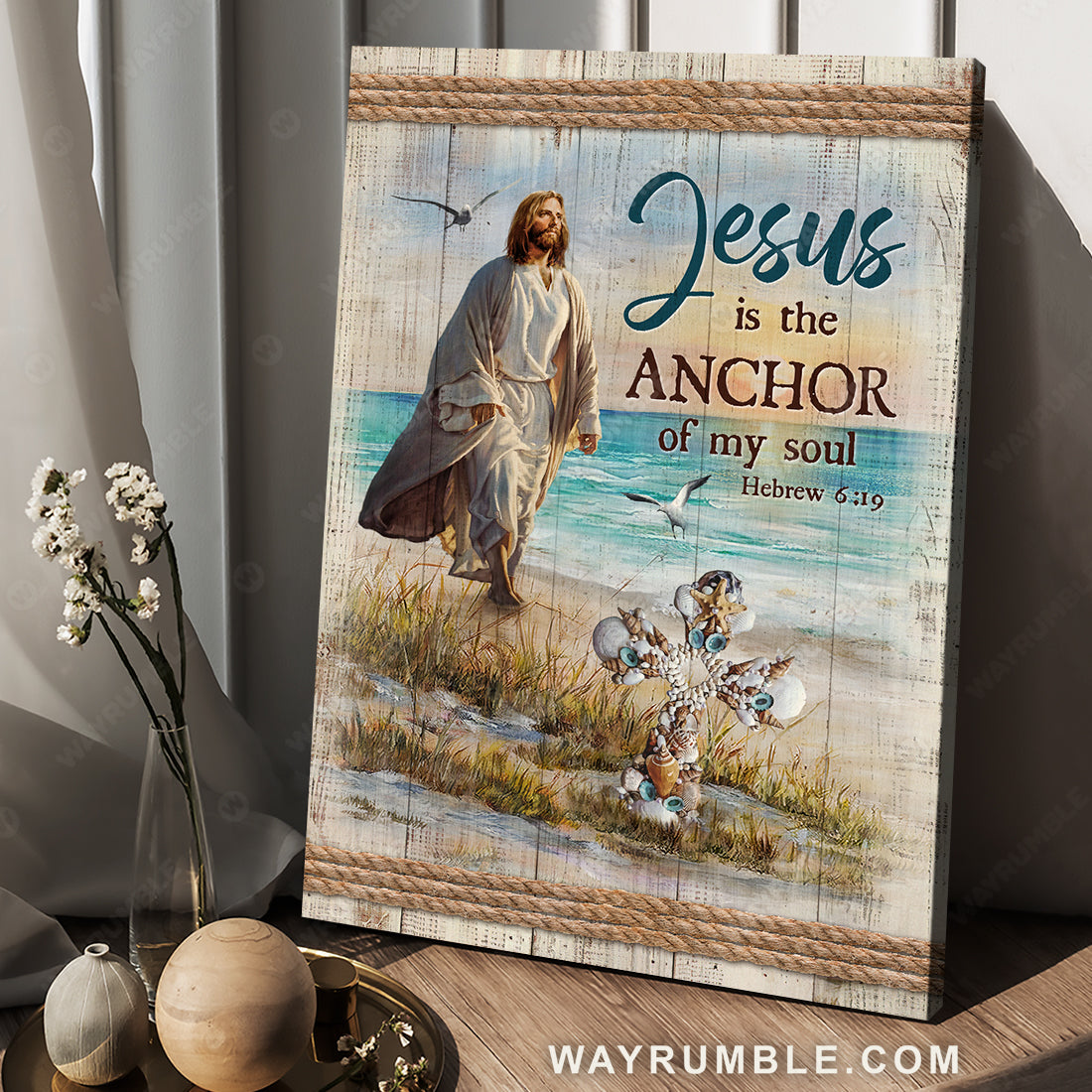 Walking with Jesus, Beach drawing, Jesus is the anchor of my soul - Jesus Portrait Canvas Prints, Christian Wall Art