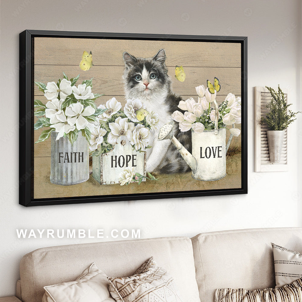 Pretty cat drawing, White tulip flower, Faith Hope Love - Jesus Landscape Canvas Prints, Christian Wall Art