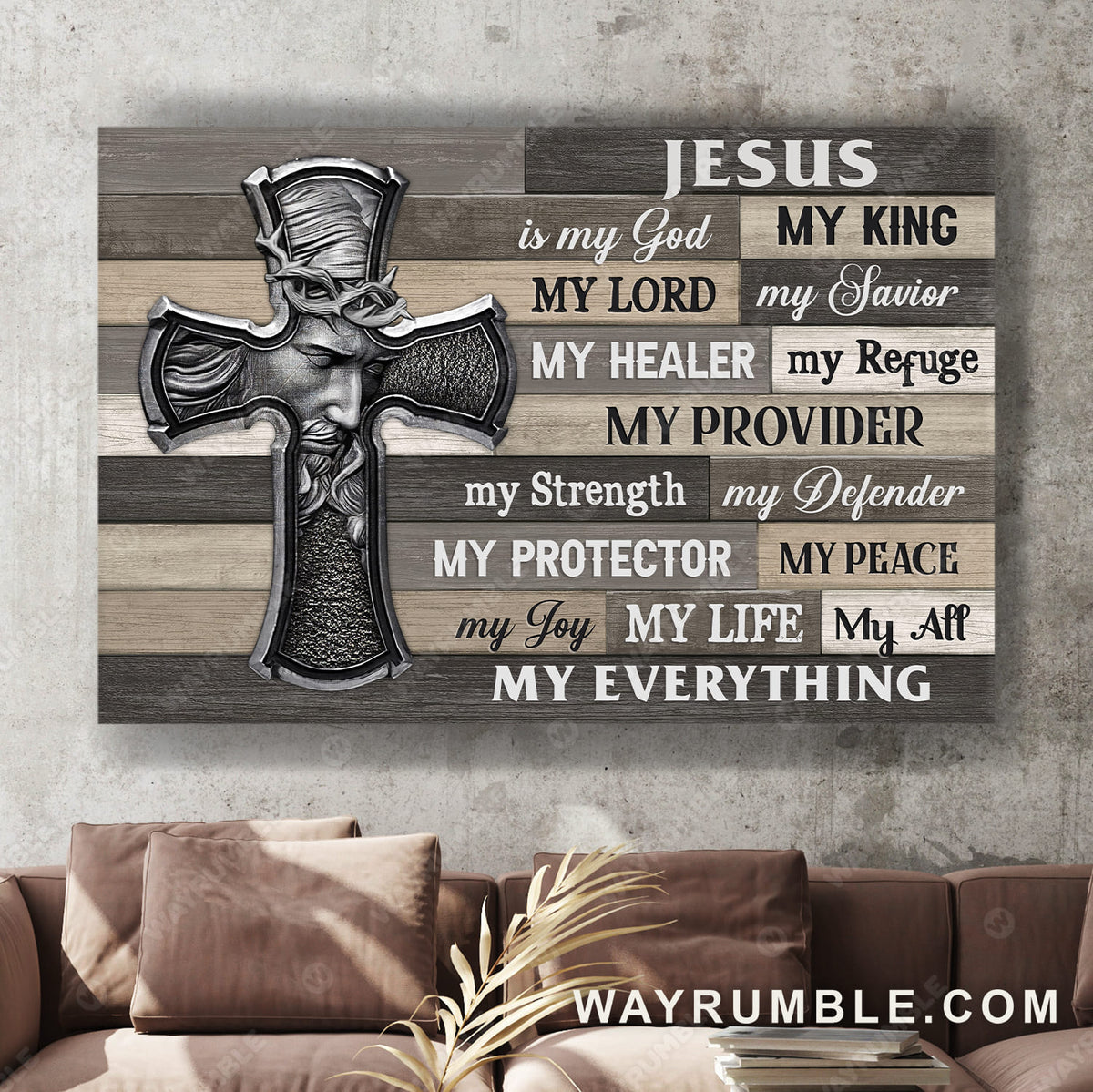 Jesus face, Cross symbol, Wooden background, Jesus is my God my King - Jesus Landscape Canvas Prints, Wall Art