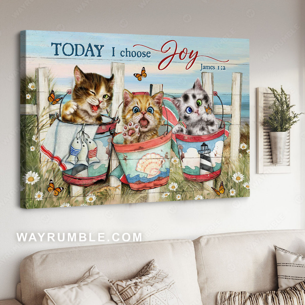 Cat painting, Flower garden, Blue ocean, Today I choose Joy - Jesus Landscape Canvas Prints, Christian Wall Art