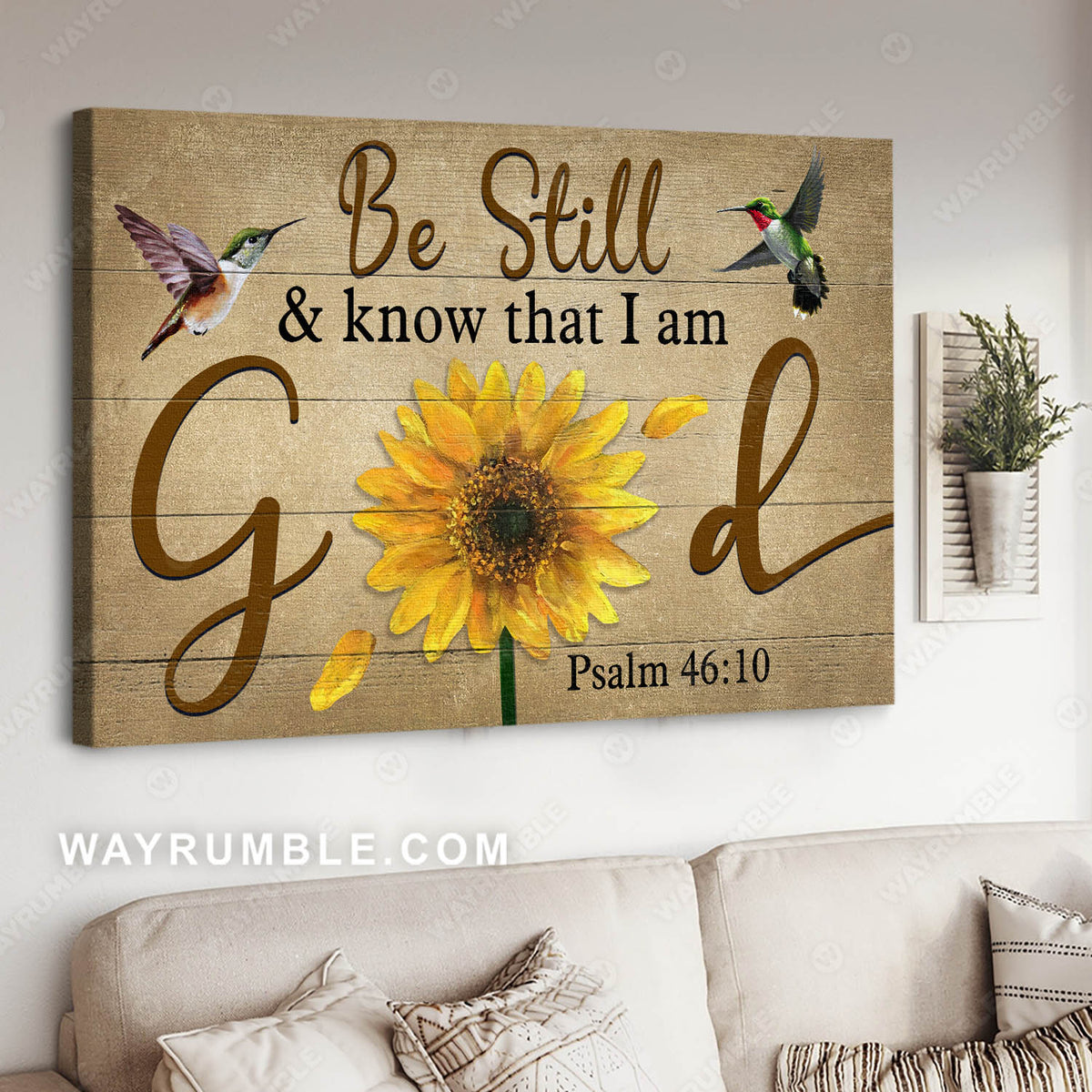 Flower and birds, Sunflower painting, Hummingbird, Be still and know that I am God - Jesus Landscape Canvas Prints, Christian Wall Art