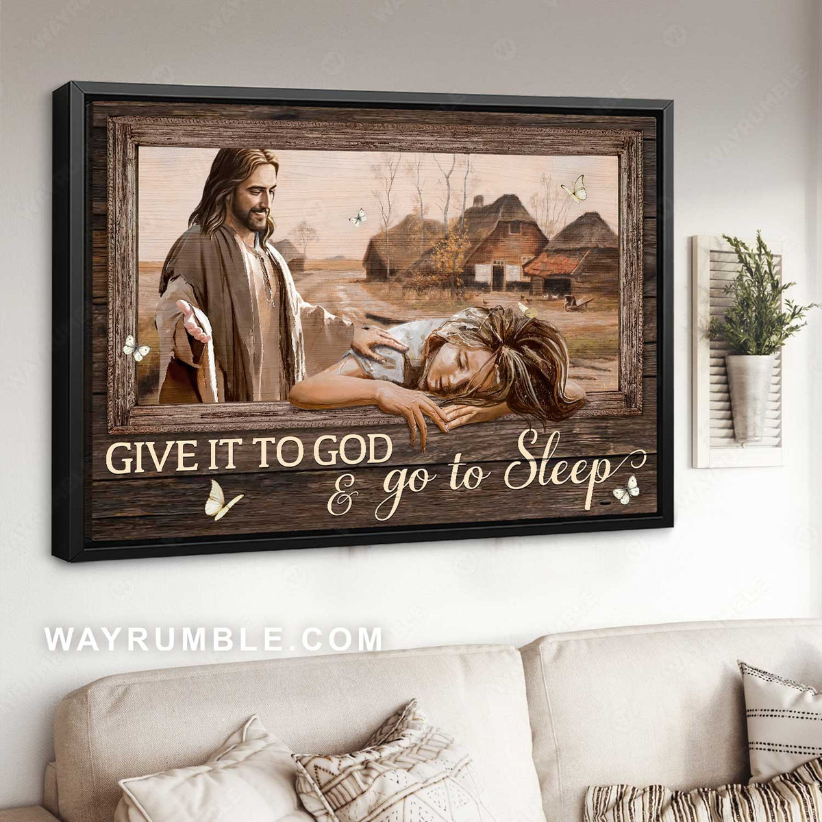 Happy Jesus, Beautiful girl, White butterfly, Give it to God and go to sleep - Jesus Landscape Canvas Prints, Home Decor Wall Art