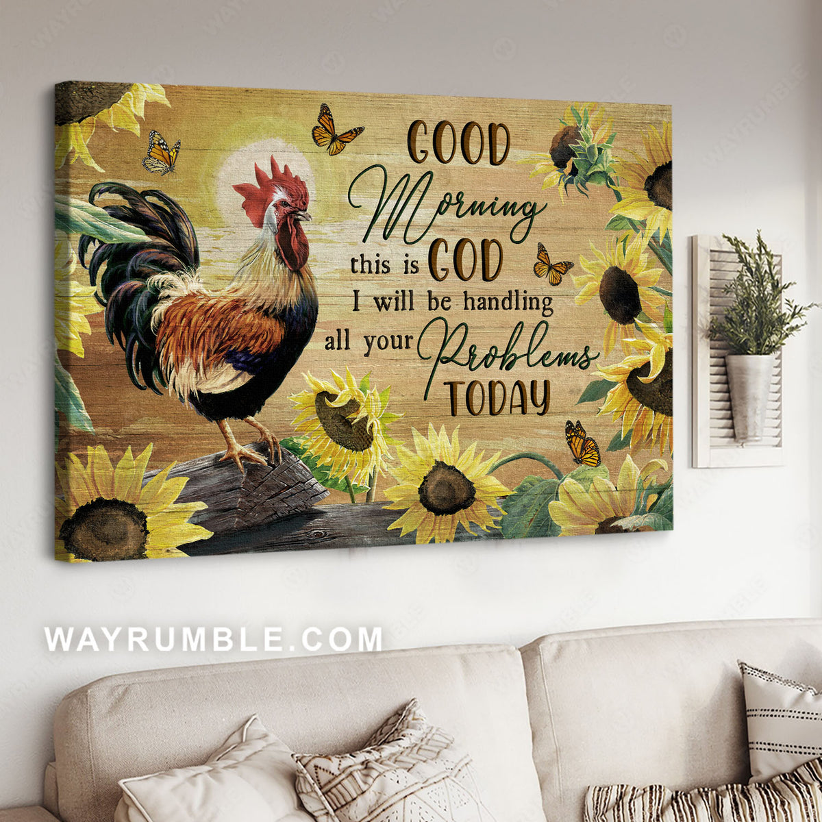 Rooster painting, Sunflower, Monarch butterfly, Good morning - Jesus Landscape Canvas Prints, Christian Wall Art