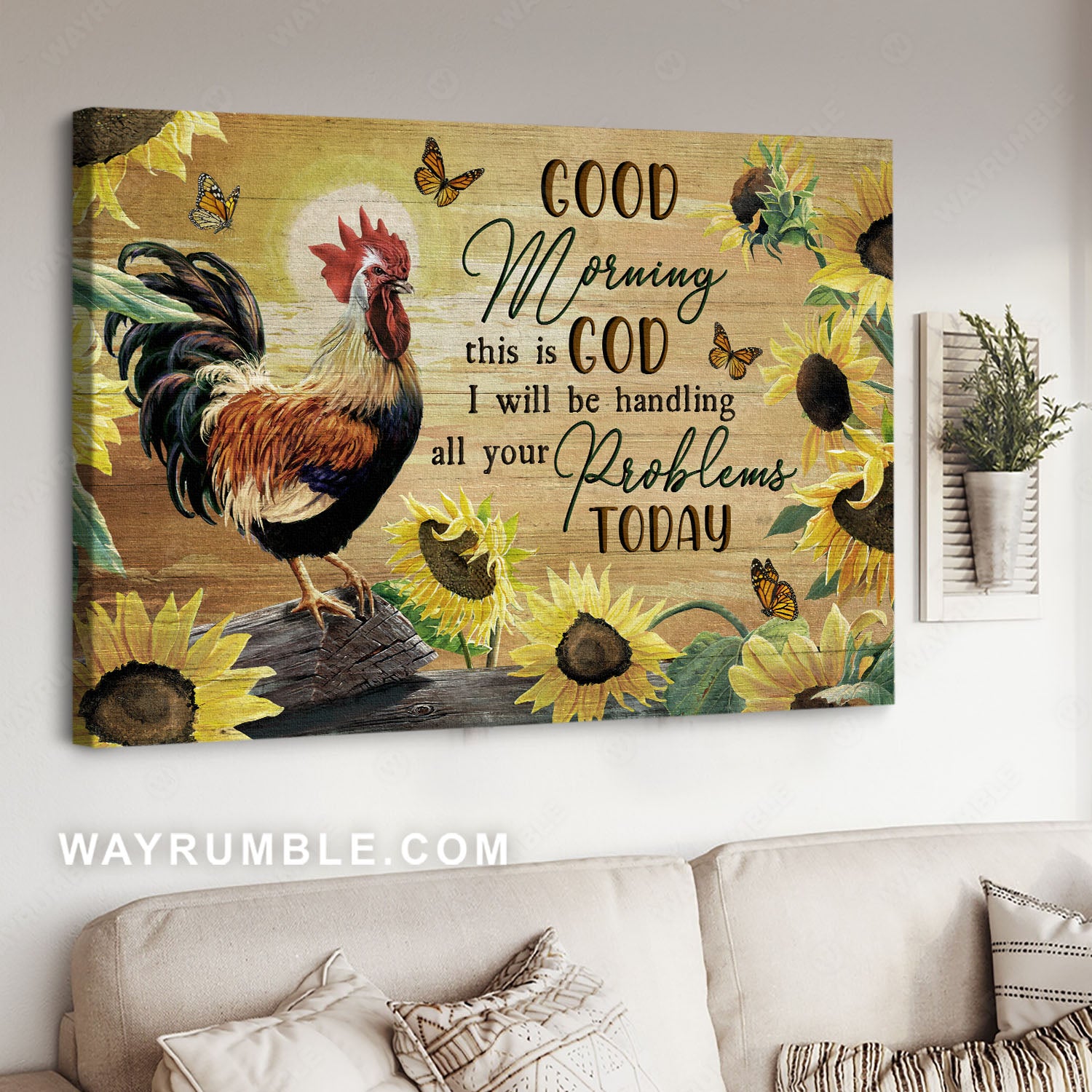 Rooster painting, Sunflower, Monarch butterfly, Good morning - Jesus Landscape Canvas Prints, Christian Wall Art