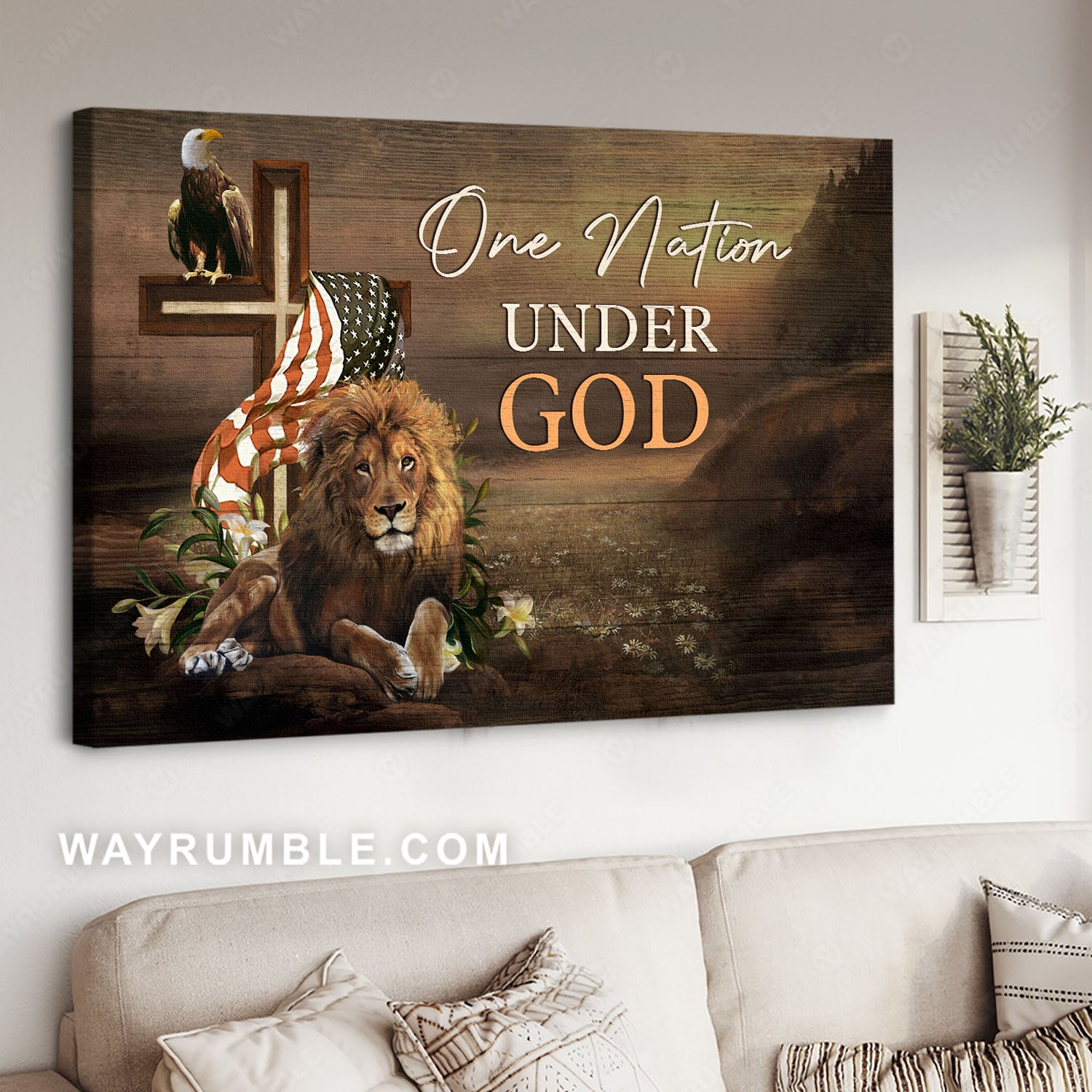 The Lion of Judah, Eagle, US flag, Cross symbol, One nation under God - Jesus Landscape Canvas Prints, Christian Wall Art