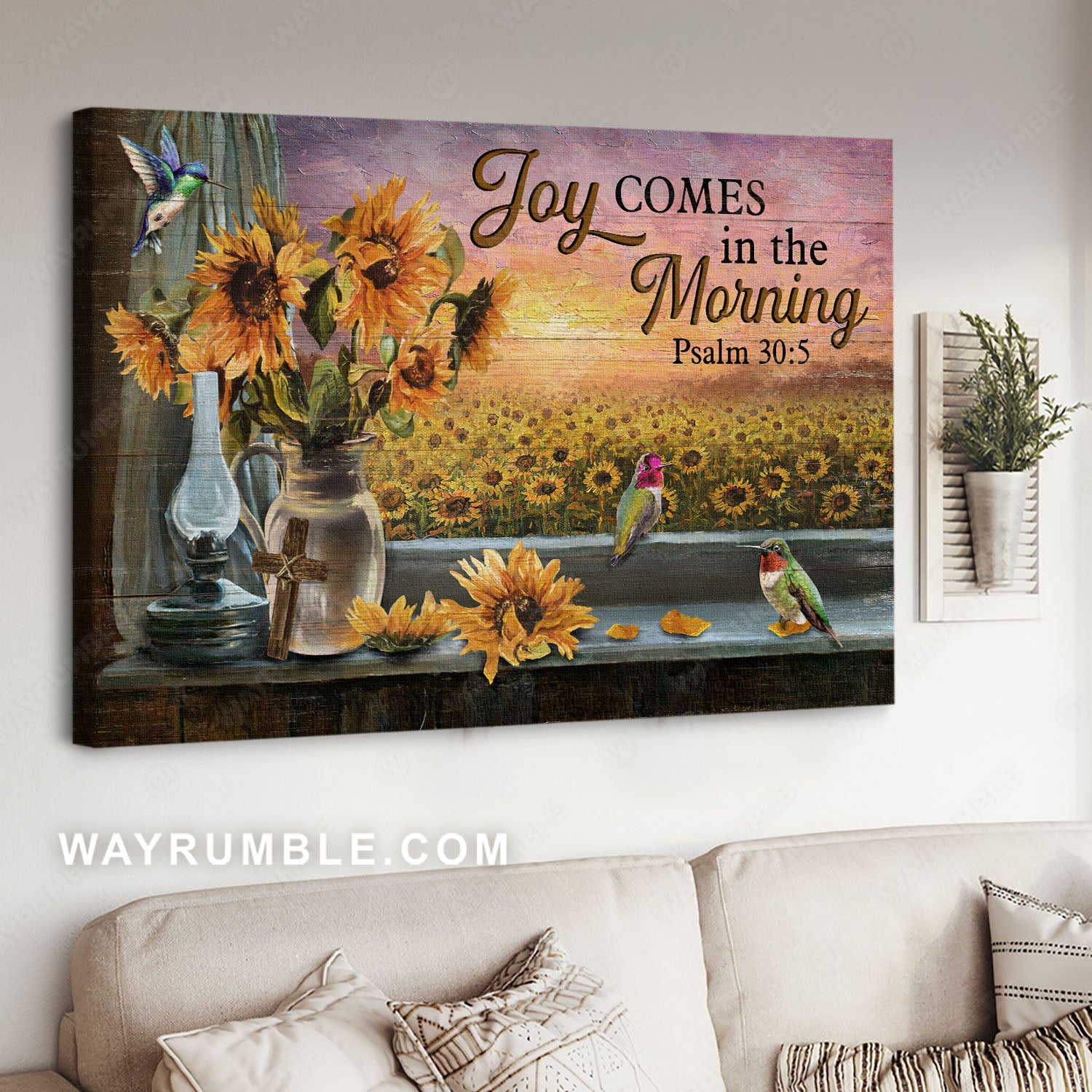 Stunning sunflower, Hummingbird, Joy comes in the morning - Jesus Landscape Canvas Prints, Christian Wall Art