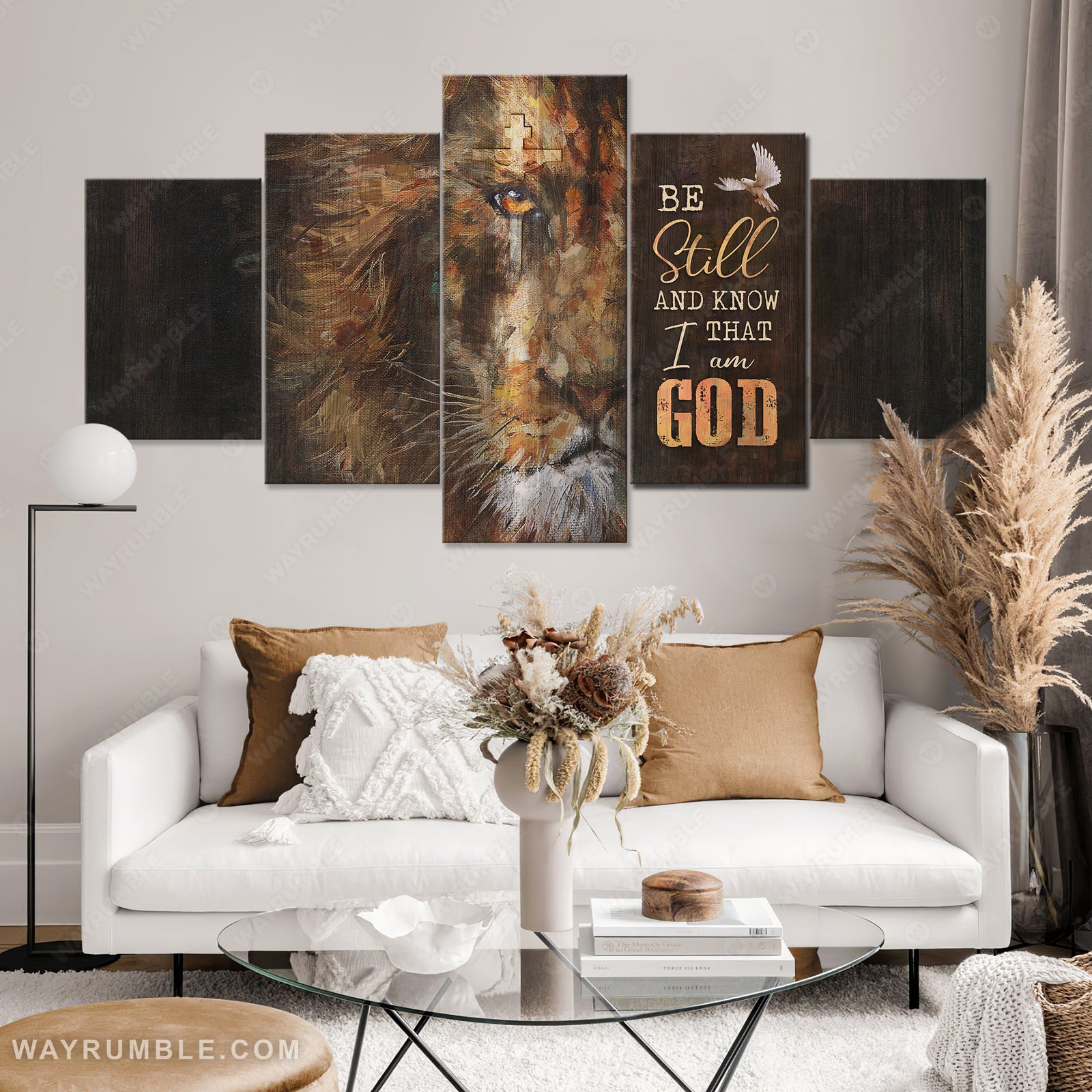 Amazing lion drawing, White dove, Cross, Be still and know that I am God - Jesus 5 Panel Matte Canvas