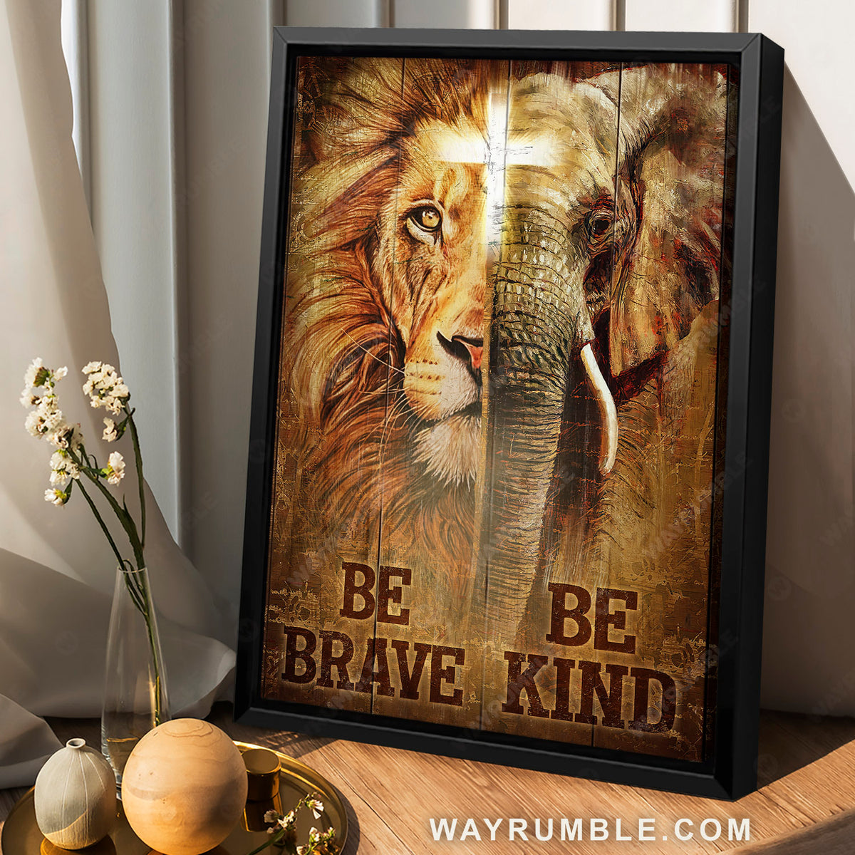 Stunning elephant, Brown lion, Cross symbol, Be brave, Be kind - Jesus Portrait Canvas Prints, Christian Wall Art