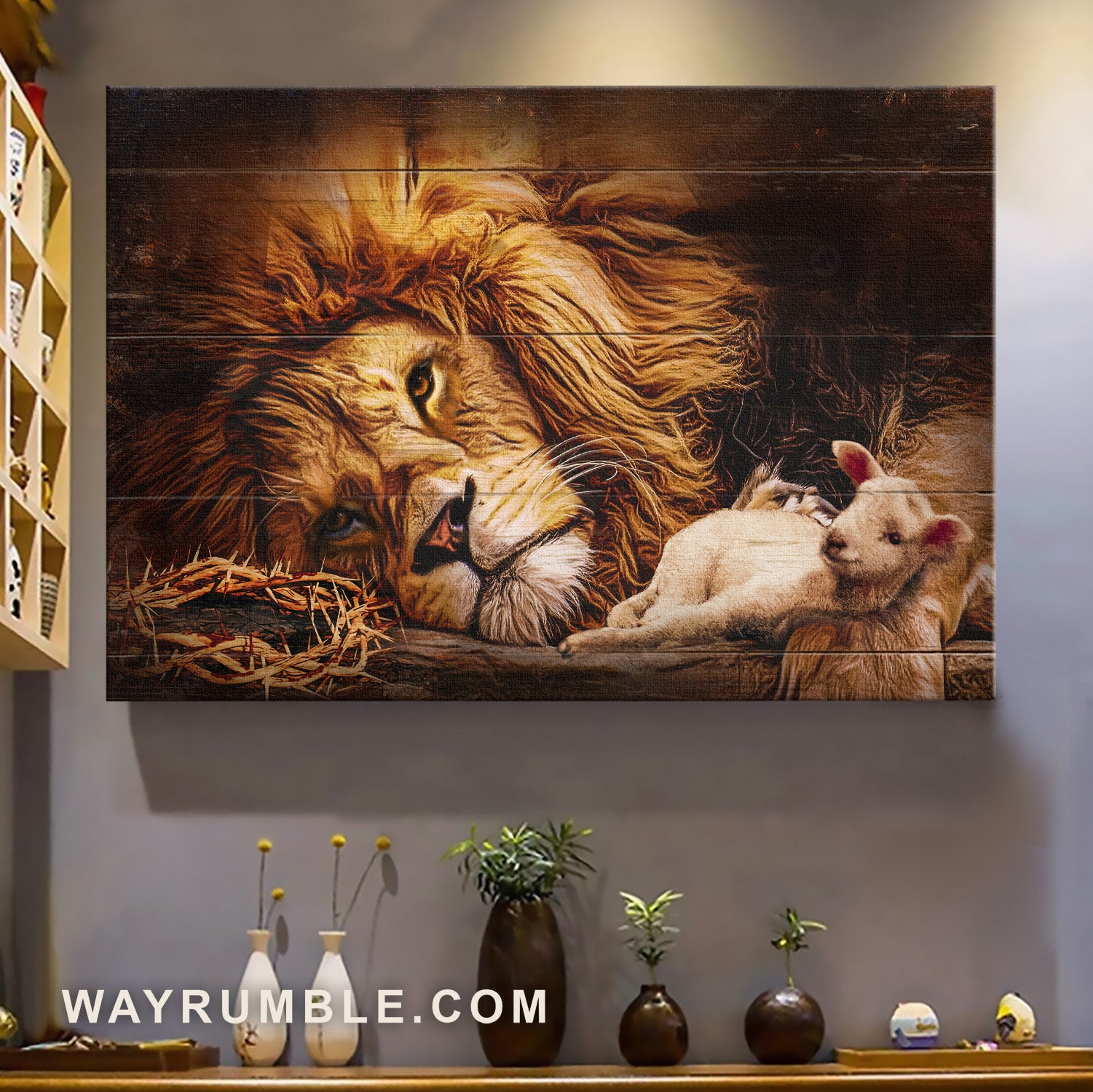 Sleeping lion, Lion of Judah, Little lamb painting, Animal of Jesus - Jesus Landscape Canvas Prints, Home Decor Wall Art