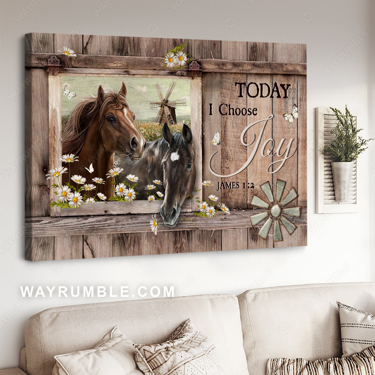Cute horse drawing, Daisy flower, Wooden windmill, Today I choose joy - Jesus Landscape Canvas Prints, Christian Wall Art