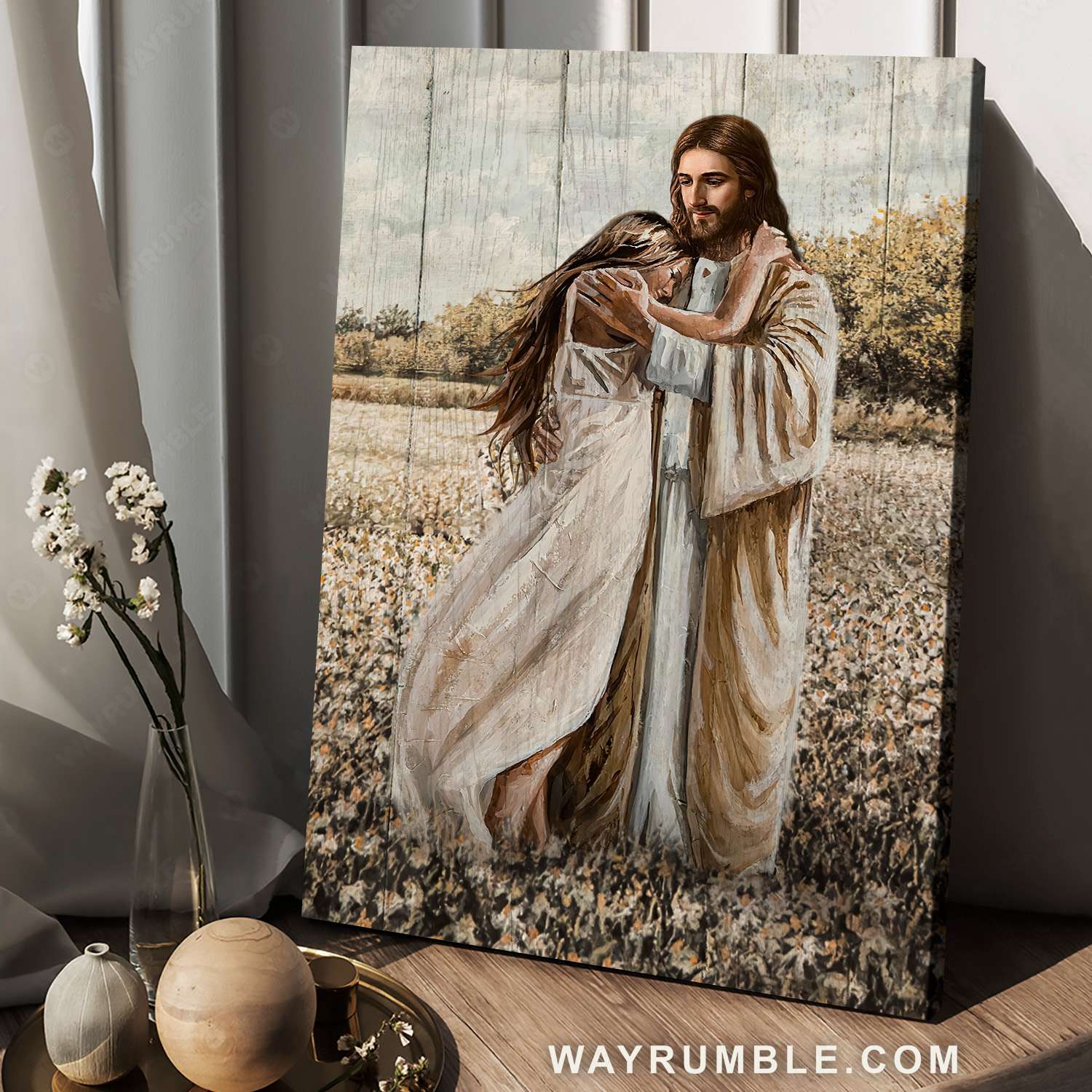 Beautiful girl, Jesus hug, Flower field, Jesus lover of my soul - Jesus Portrait Canvas Prints, Christian Wall Art