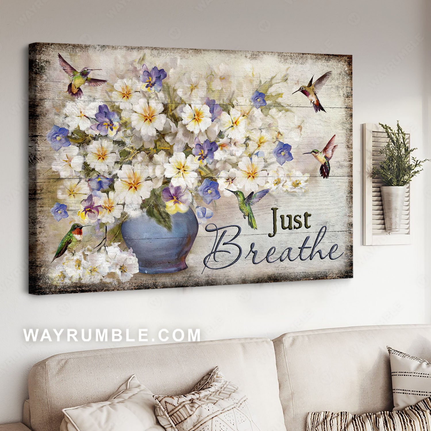 Bacopa plant, Flower vase, Hummingbirds. Just breathe - Jesus Landscape Canvas Prints, Christian Wall Art