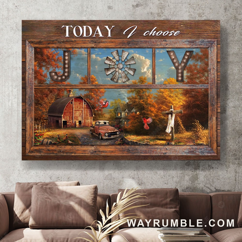 Autumn forest, Unique house, Red cardinal, Old ladybug car, Today I choose joy - Jesus Landscape Canvas Prints, Wall Art