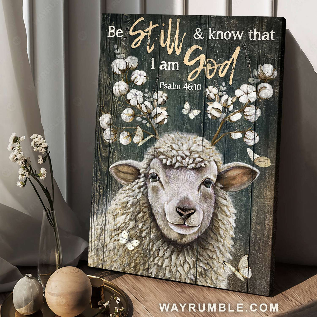 Cute sheep, Cotton blossom, Be still I am God - Jesus Portrait Canvas Prints, Christian Wall Art