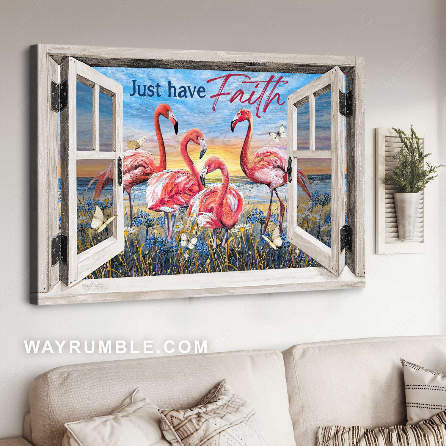 Flamingo painting, Blue flowers, Sunny day, Just have faith - Jesus Landscape Canvas Prints, Christian Wall Art