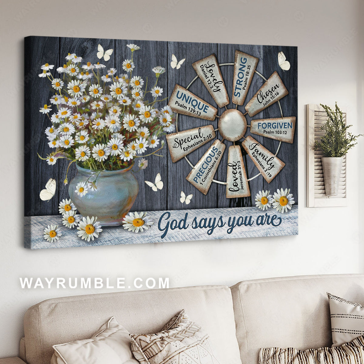 Daisy flower, Windmill, White butterfly, God says you are - Jesus Landscape Canvas Prints, Christian Wall Art