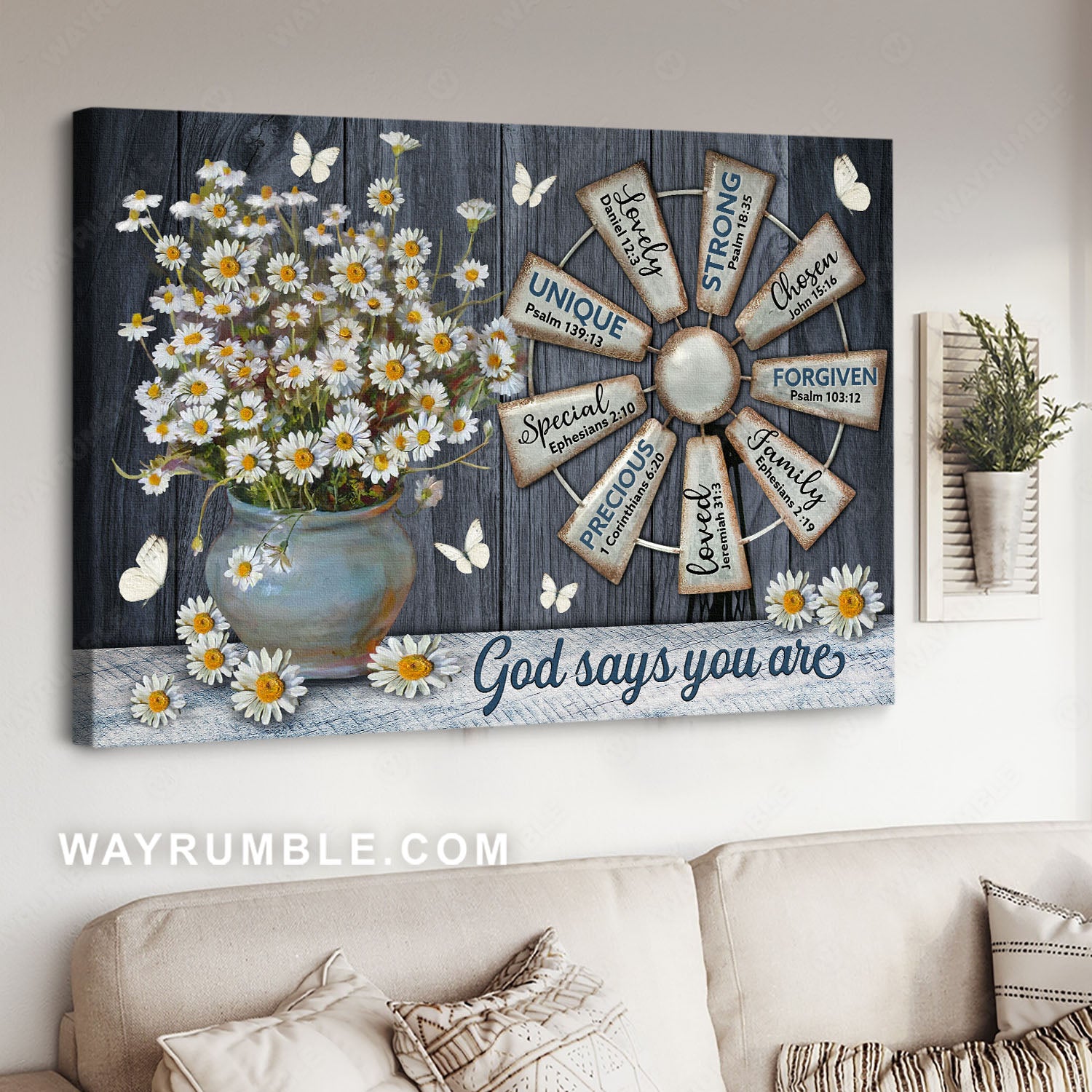 Daisy flower, Windmill, White butterfly, God says you are - Jesus Landscape Canvas Prints, Christian Wall Art