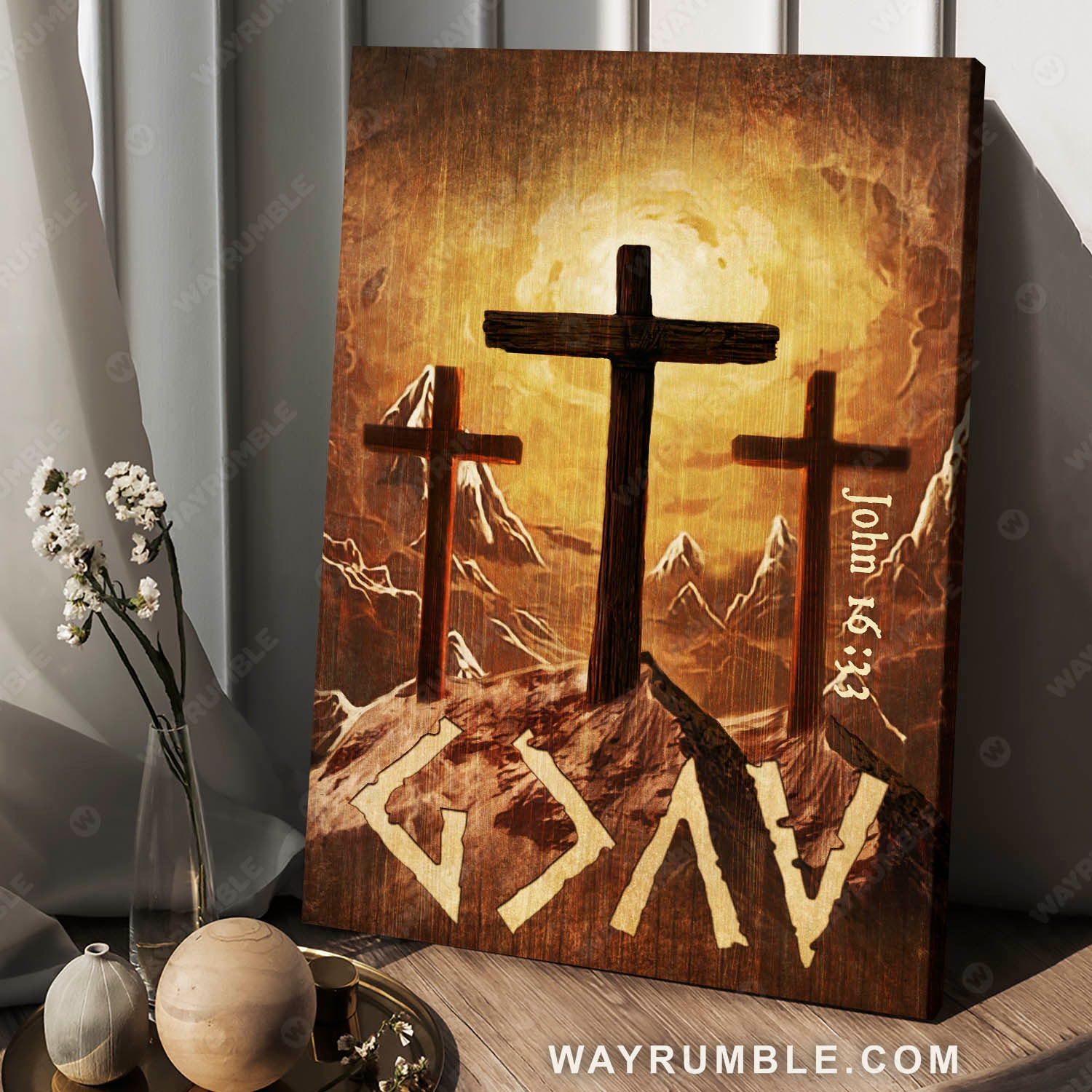 The rugged cross, Mountain landscape, Light from heaven - Jesus Portrait Canvas Prints, Christian Wall Art